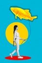 Vertical collage image of black white effect girl hold goldfish balloon string walking isolated on blue background