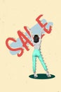 Vertical collage image of black white effect girl raise hands sale super proposition isolated on drawing beige