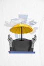 Vertical collage image of black white effect person umbrella instead head crossed fingers clouds sky isolated on painted Royalty Free Stock Photo