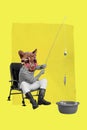 Vertical collage image of black white gamma man lynx head sit chair hold rod catch fish bucket isolated on yellow