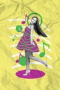 Vertical collage image of black white gamma stunning girl enjoy dancing painted dress melody note  on paper Royalty Free Stock Photo