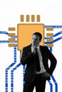Vertical collage image businessman chip computer science network programming modern technology think decide uncertain Royalty Free Stock Photo