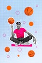 Vertical collage image of cheerful black white effect guy sit crossed legs finger hold spin basketball isolated on
