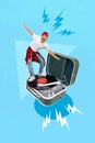 Vertical collage image of cheerful carefree guy dancing big vinyl record player isolated on drawing background Royalty Free Stock Photo