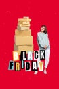Vertical collage image of cheerful girl pile stack carton boxes black friday limited time only deal isolated on red