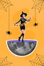 Vertical collage image of cheerful gorgeous conjurer girl hands hold halloween flags stand half moon spider web isolated Royalty Free Stock Photo