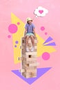 Vertical collage image of cheerful little guy sitting jenga bricks tower think imagine heart love isolated on painted