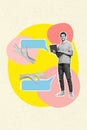 Vertical collage image of cheerful mini black white colors guy use netbook big arms hold empty space dialogue bubble Royalty Free Stock Photo