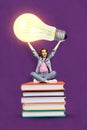 Vertical collage image of cheerful mini girl sitting pile stack book arms hold big light bulb isolated on purple