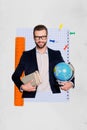 Vertical collage image of cheerful teacher man checkered copybook page hold book world globe ruler isolated on creative