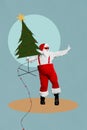 Vertical collage image of crazy overjoyed grandfather santa point finger dancing hold christmas tree isolated on blue