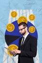 Vertical collage image of elegant guy use tablet trade invest earn money coins online isolated on painted background Royalty Free Stock Photo