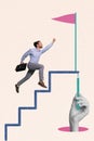 Vertical collage image of excited black white colors guy run climb big arm drawing pencil stairs finish flag isolated on Royalty Free Stock Photo