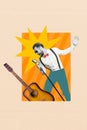 Vertical collage image of excited black white effect guy singing microphone acoustic guitar isolated on creative Royalty Free Stock Photo