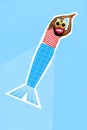 Vertical collage image of excited cheerful person mermaid big head toothy smile swimming isolated on blue background