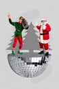 Vertical collage image of excited cool santa elf assistant hold boombox listen music sing microphone dance stand half Royalty Free Stock Photo