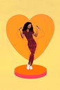 Vertical collage image of excited girl hold two wired microphones sing big painted heart isolated on beige creative