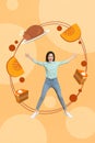 Vertical collage image of excited girl jumping raise hands piece pumpkin pie cake baked turkey tray isolated on creative