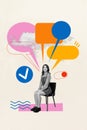 Vertical collage image of excited mini black white effect girl sit chair big dialogue bubble check mark clouds sky