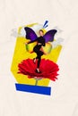 Vertical collage image of excited mini girl butterfly wings dancing huge flower clouds sky isolated on creative paper Royalty Free Stock Photo