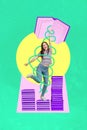 Vertical collage image of excited overjoyed mini girl pile stack opened big book isolated on painted background Royalty Free Stock Photo