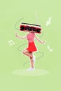 Vertical collage image of excited person dancing vintage boom box instead head isolated on painted background Royalty Free Stock Photo