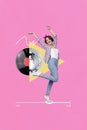 Vertical collage image of excited positive girl dancing vinyl record disco ball play music button isolated on drawing Royalty Free Stock Photo