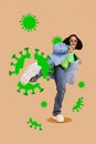 Vertical collage image of excited positive girl leg kick destroy virus bacteria influenza isolated on painted background