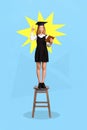 Vertical collage image of excited smart girl standing chair hold book pointing finger bright idea isolated on creative