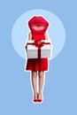 Vertical collage image of girl arms hold giftbox big red pouted lips instead head blow kiss isolated on drawing