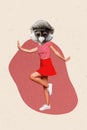 Vertical collage image of girl chimpanzee head enjoy dancing have good mood isolated on drawing beige background Royalty Free Stock Photo