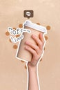 Vertical collage image of human arm hold plastic cup coffee time text isolated on drawing creative background Royalty Free Stock Photo