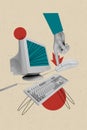 Vertical collage image human hand body fragment press mouse button click computer equipment drawing doodles pc monitor