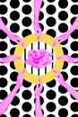 Vertical collage image of human pink arms reach touch ring circle rose flower isolated on black white dotted background