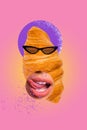 Vertical collage image illustration creative caricature cool croissant eyewear lick lips tasty delicious bakery bun pink