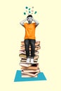 Vertical collage image of impressed mini black white effect guy letters mess head sit huge pile stack book isolated on Royalty Free Stock Photo