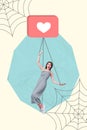 Vertical collage image of impressed mini girl hanging trapped spider web like notification isolated on drawing Royalty Free Stock Photo