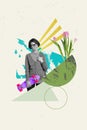 Vertical collage image of minded black white gamma girl hold skateboard contemplate fresh tulip flower raindrop isolated