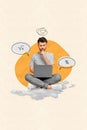 Vertical collage image of minded focused guy sitting cloud use netbook think ponder bubble count finance isolated on