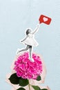 Vertical collage image of mini black white colors girl stand big flower hand reach toich like notification facebook