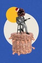 Vertical collage image of mini black white effect guy pine cone instead head playing acoustic guitar  on Royalty Free Stock Photo