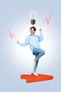 Vertical collage image of mini cheerful girl dancing big arrow pointer cursor listen music earphones energy light bulb