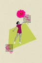 Vertical collage image of mini excited girl arm hold flying big flower isolated on drawing background