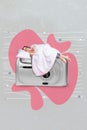 Vertical collage image of mini girl sleeping big photo camera instead bed on painted creative background