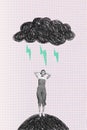 Vertical collage image of mini impressed terrified black white effect girl hands touch head big painted thunderstorm