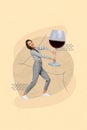 Vertical collage image of mini overjoyed girl arms hold huge wine glass isolated on drawing beige background