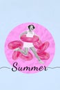 Vertical collage image of overjoyed black white effect girl inflatable ring jumping enjoy summer isolated on blue