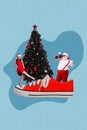 Vertical collage image of overjoyed funky santa assistant girl dancing huge footwear shoe decorated tree isolated on