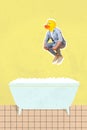 Vertical collage image of overjoyed person rubber duck instead head jump fall bathtub isolated on painted background