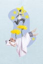 Vertical collage image of peaceful sleeping girl comfy pillow blanket dreams jump run stars yellow flowers isolated on